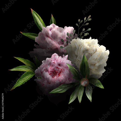 Lush floral bouquet in low key, black background