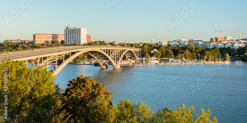 Photography Vasterbron bridge and cityscape of Kungsholmen island in Stockholm, Sweden