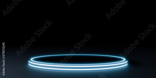 Modern dark background and empty black circle stage with blue lighe. Future modern interior concept. showcase for product, 3d rendering