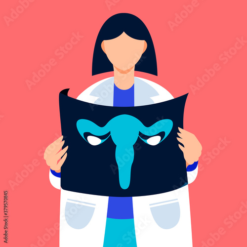 Doctor holding uterus xray vector illustration. Medical checkup banner in flat cartoon style.. Healthcare background.