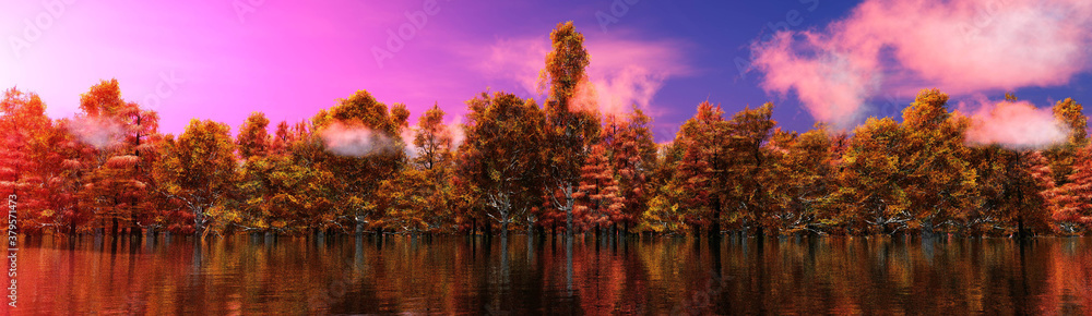 Autumn landscape, autumn forest above water, 3D rendering