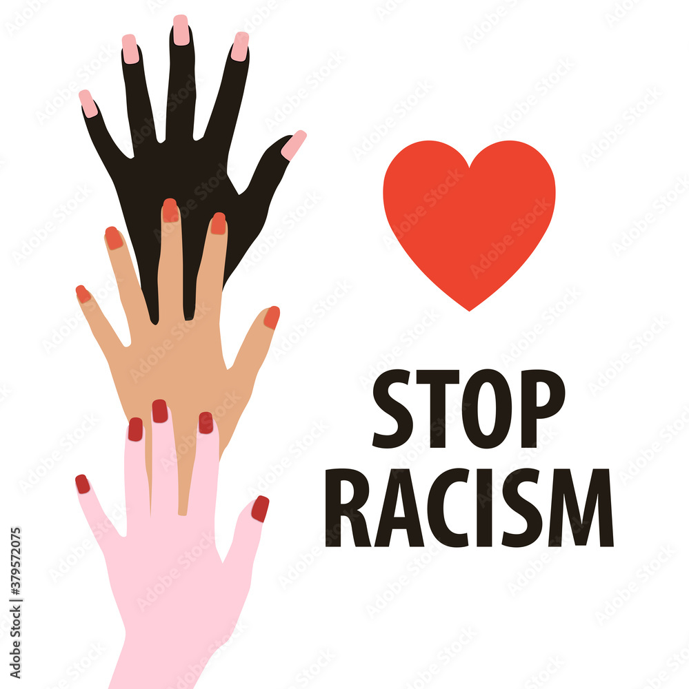 Obraz premium Stop racism. Three female hands of different races. The concept of racism. Vector illustration isolated on a white background for design and web in a simple flat style.