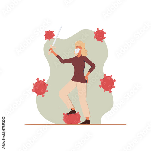 Immune system vector. Health bacteria virus protection. Medical prevention of human germ. Healthy women reflect a bacteria attack with a sword. Boost Immunity with medicine concept illustration