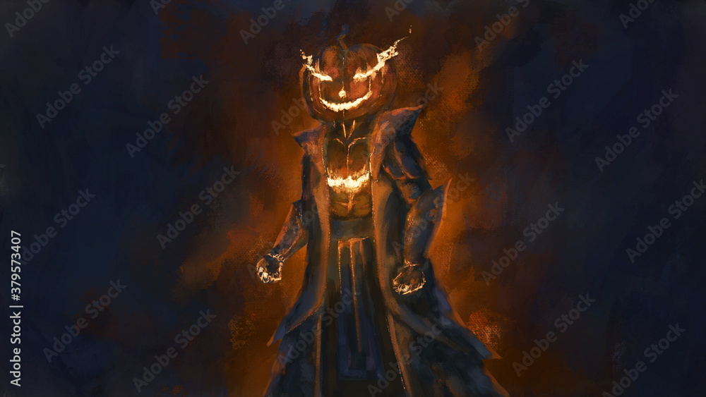 pumpkin head demon in the haloween night ,digital art,illustration. pumpkin head demon in the haloween night ,digital art,illustration.