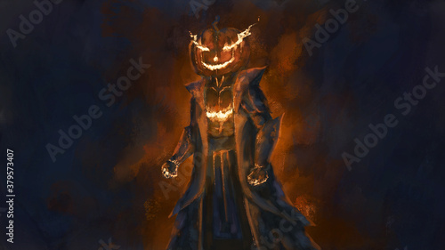 pumpkin head demon in the haloween night ,digital art,illustration.