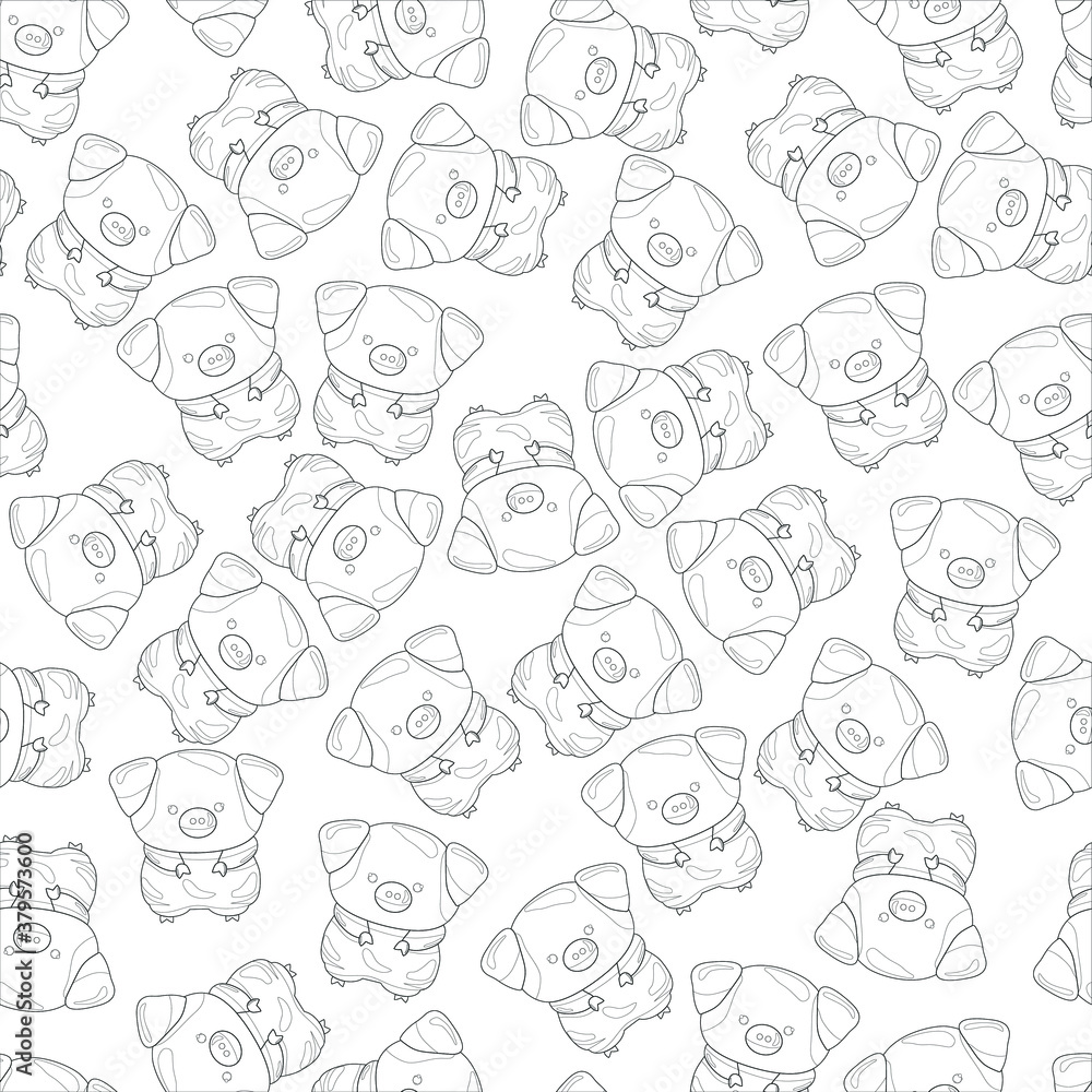 Cute pigs in black and white seamless pattern. Vector illustration with outlines for games, background, pattern, decor. Print for fabrics and other surfaces.Coloring paper, page, story book Cute pigs in black and white seamless pattern. Vector illustration with outlines for games, background, pattern, decor. Print for fabrics and other surfaces.Coloring paper, page, story book