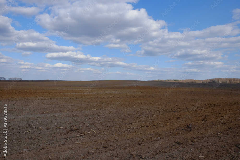 A plowed agricultural field. Blue sky over a farm field. A plowed agricultural field. Blue sky over a farm field.