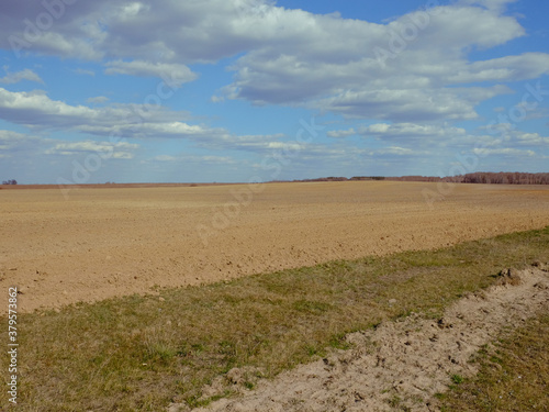 A plowed agricultural field. Blue sky over a farm field.