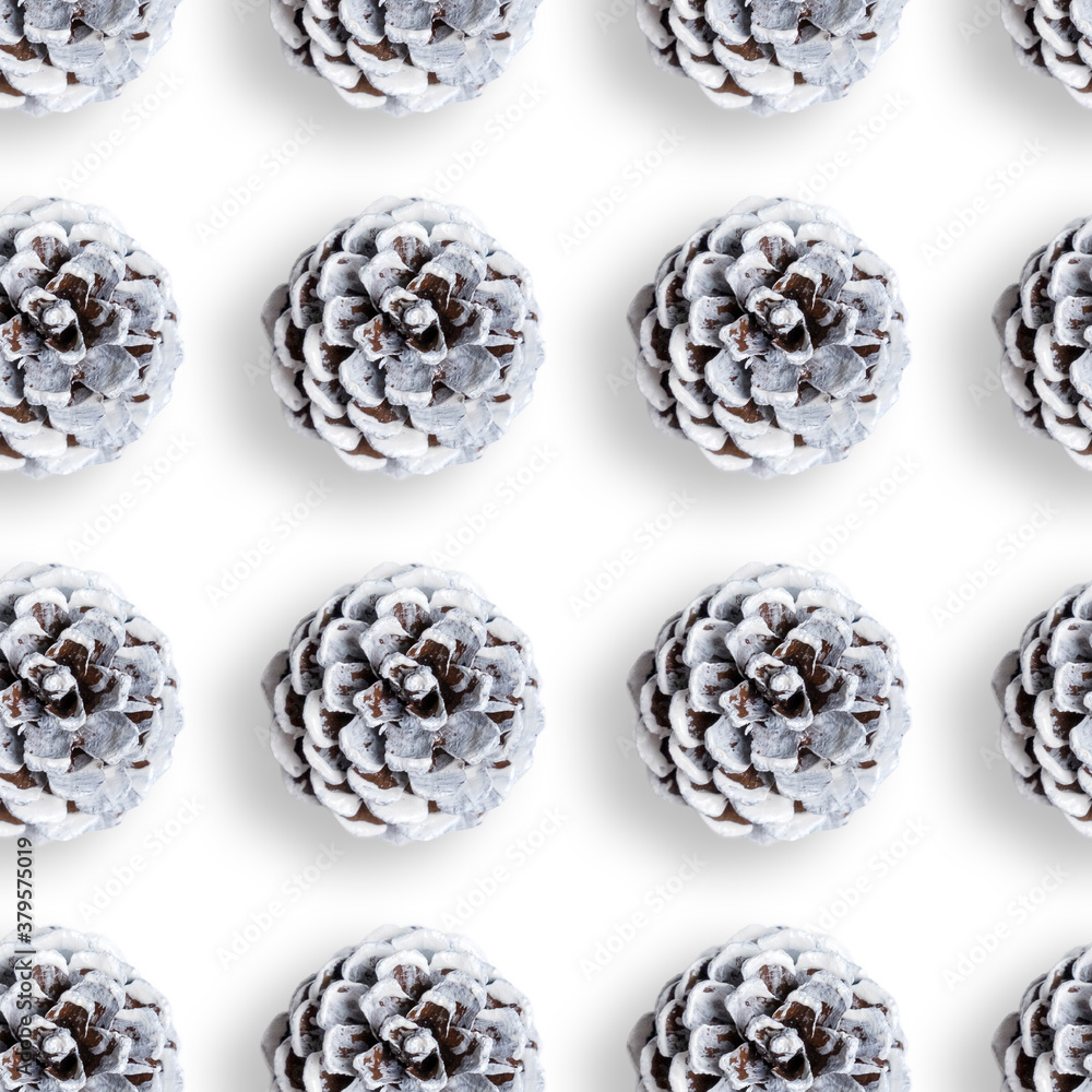 White pine cones isolated on white backdrop. Cutout. Seamless pattern. Christmas and New Year eco decor White pine cones isolated on white backdrop. Cutout. Seamless pattern. Christmas and New Year eco decor
