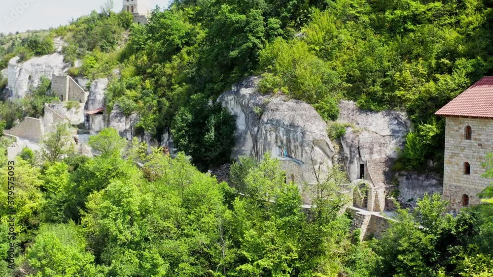 View of ancient rocky monastery. Aerial view of orthodox rock monastery View of ancient rocky monastery. Aerial view of orthodox rock monastery