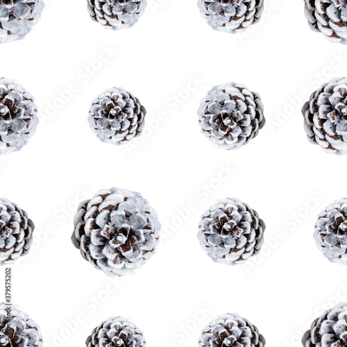 White pine cones isolated on white backdrop. Cutout. Seamless pattern. Christmas and New Year eco decor