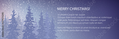 Winter banner with snowfall in the forest and text, fir trees in winter in snowfall, christmas winter landscape in purple shades , vector illustration © serz72