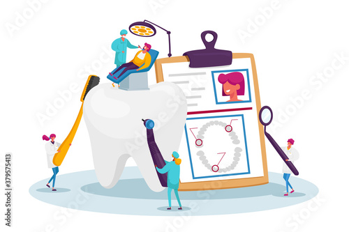Dental Health Care, Oral Treatment Program, Check Up Concept. Tiny Doctor Dentists Characters in Medical Robe Use Tools