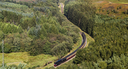 Steam train navigating a valley photo