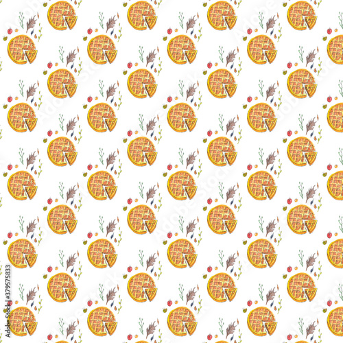 Hand drawn watercolor pattern with Apple pie and autumn leaves on a white background