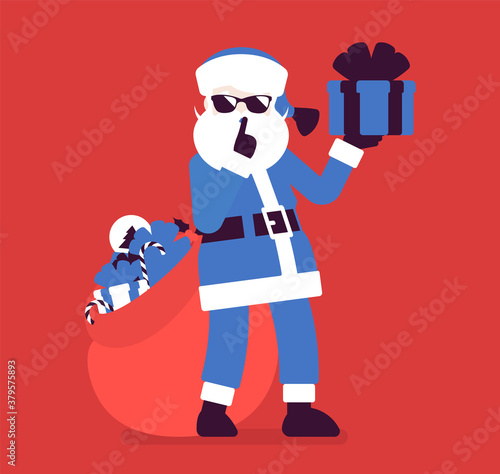 Secret Santa Claus with present box making hush, shh gesture. Anonymous Father Christmas bringing, sharing traditional new year gifts, unknown volunteer giver. Vector creative stylized illustration