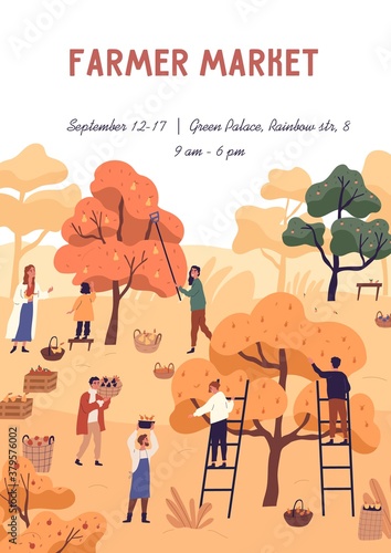 Announcement of seasonal farmer market with place for text vector flat illustration. Promo poster of autumn harvest local fair. Invitation template with people picking organic fruit at orchard