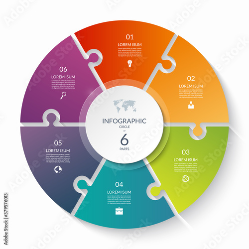 Puzzle infographic circle with 6 steps, options, pieces. Six-part cycle chart. Can be used for diagram, graph, report, presentation, web design.