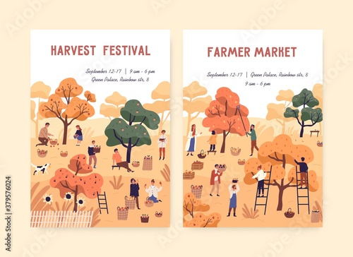 Set poster of harvest festival and farmer market with place for text vector flat illustration. Announcement of autumn seasonal local fair. People picking apples. Agricultural farm trade event
