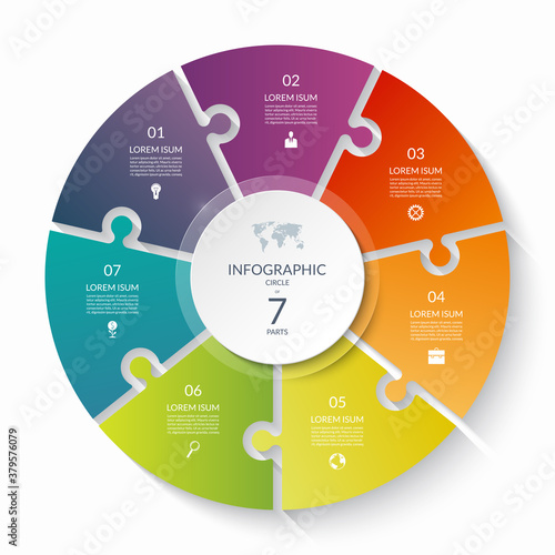 Puzzle infographic circle with 7 steps, options, pieces. Seven-part cycle chart. Can be used for diagram, graph, report, presentation, web design.