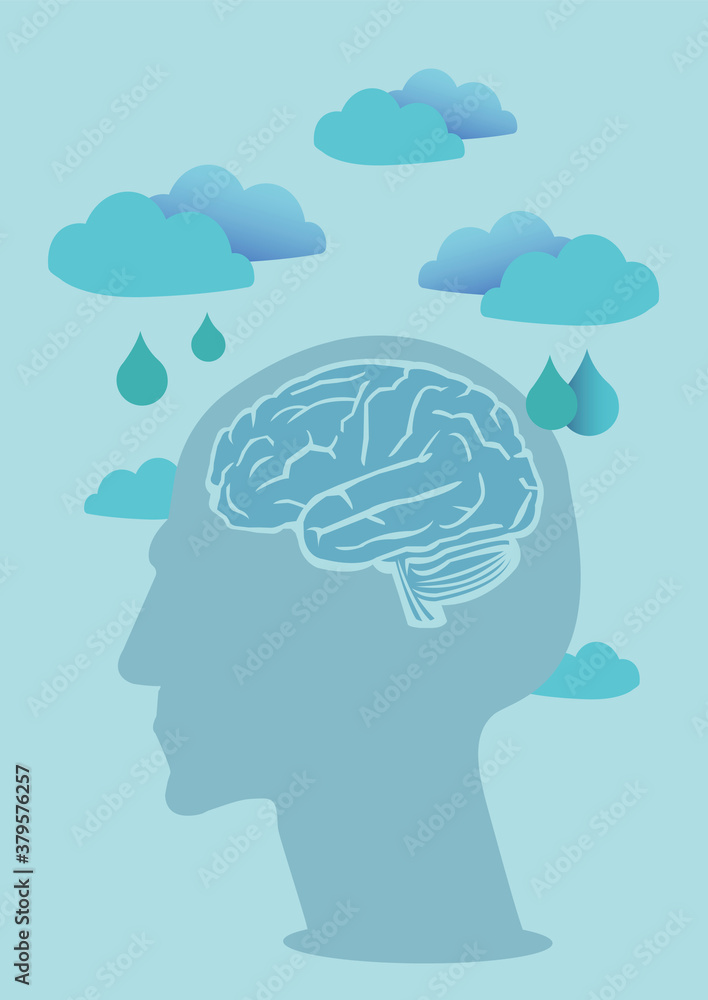 Design graphic of a human brain with cloud and raindrops. Psychology or mental health concept. Design graphic of a human brain with cloud and raindrops. Psychology or mental health concept.