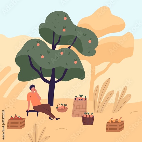 Tired man sitting on bench eating apple relaxing after harvest picking vector flat illustration. Male agricultural worker resting under tree at garden. Guy at autumn seasonal agriculture work