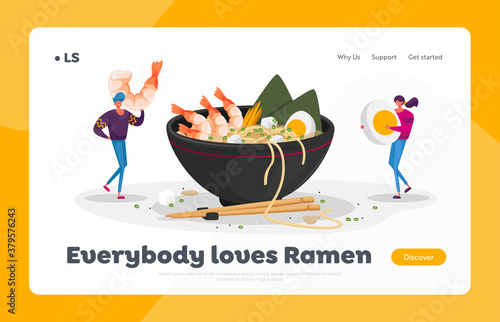Chinese Food Landing Page Template. Tiny Characters Bring Ingredients to Huge Bowl with Ramen Noodles. Asian Restaurant