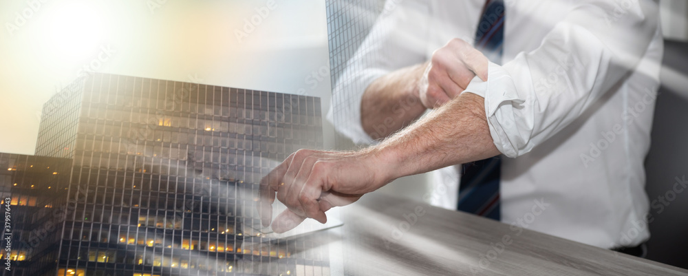 Fototapeta premium Businessman rolling up his sleeves; multiple exposure