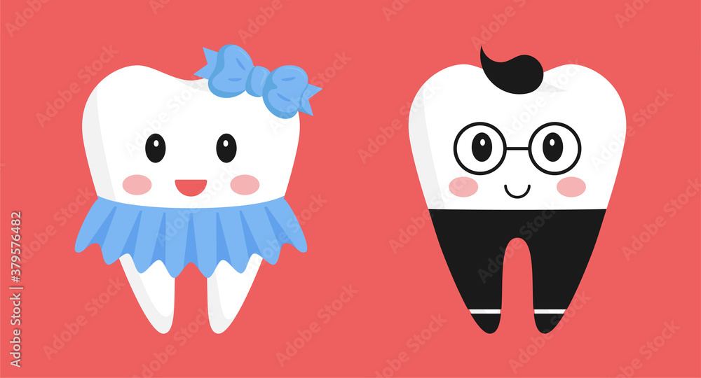 A pair of teeth characters. Cute girl in a skirt and with a bow, adorable boy in trousers and glasses. The design elements in funny cartoon style.Pediatric dentistry. Healthy teeth. Isolated on dark A pair of teeth characters. Cute girl in a skirt and with a bow, adorable boy in trousers and glasses. The design elements in funny cartoon style.Pediatric dentistry. Healthy teeth. Isolated on dark