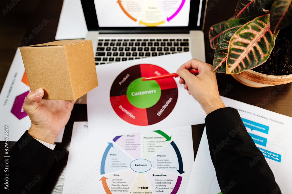 Obraz premium product marketing manager desk. Manager holding new product and developing new marketing strategy plan for customers.