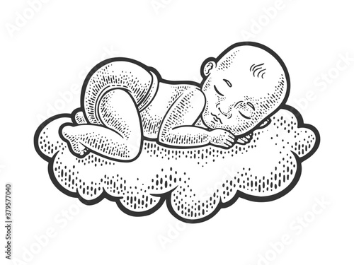 sleeping infant baby child on cloud sketch engraving vector illustration. T-shirt apparel print design. Scratch board imitation. Black and white hand drawn image.