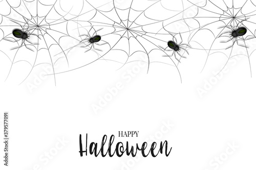 Halloween banner template. Realistic black spiders and web. Trick or treat party invitation card. Vector illustration.