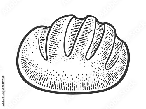 Loaf of bread sketch engraving vector illustration. T-shirt apparel print design. Scratch board imitation. Black and white hand drawn image.