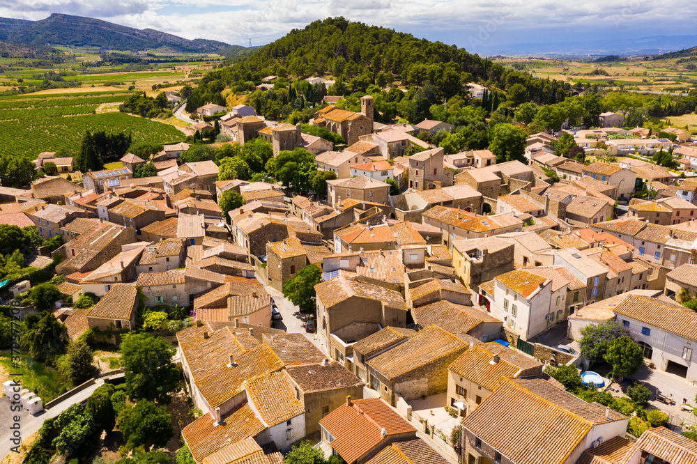 Aerial view of houses of Fontcouverte commune in Aude department, southern France