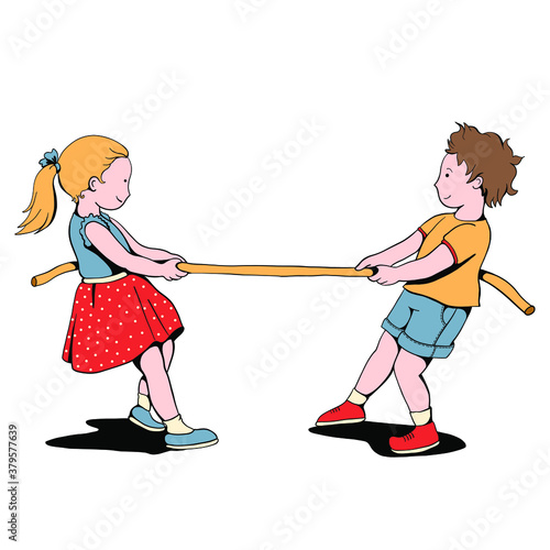 young cute caucasian girl and boy making a competition at tug of war on white background - flat hand drawn vector illustration