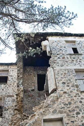 Ruins of old historic building in mountain Cyprus village in Troodos mountains damaged by earthquake