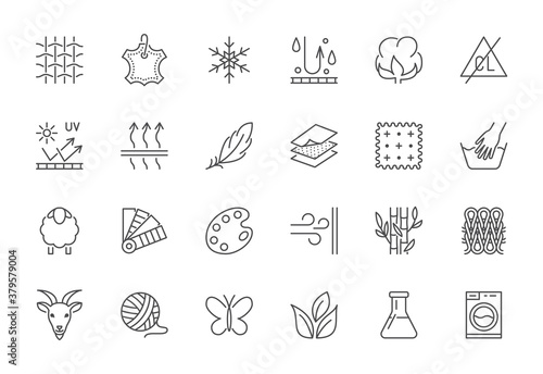 Fabric feature flat line icons set. Clothes symbols silk, cotton, breathable, waterproof material, handwash cashmere, yarn vector illustrations. Outline signs for garment properties, textile industry