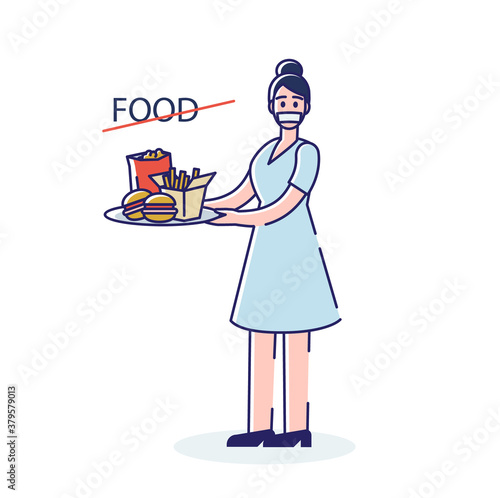 Woman with taped mouth on diet or with stomach illness holding tray with fast food