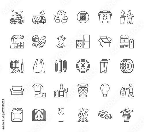 Waste recycle line icons set. Trash bin, bag, garbage types - food, plastic, battery, organic, paper, metal, vector illustrations. Outline flat signs for rubbish sorting management