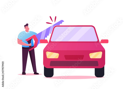 Male Character Sawing Automobile with Huge Saw. Concept of Property Division in Divorce Process. Husband Separate Car