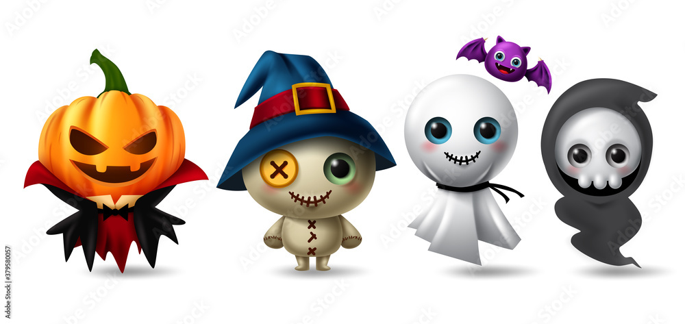Halloween character vector set. Halloween characters like pumpkin vampire, teddy bear, ghost and grim reaper isolated in white background for horror 3d collection design. Vector illustration Halloween character vector set. Halloween characters like pumpkin vampire, teddy bear, ghost and grim reaper isolated in white background for horror 3d collection design. Vector illustration