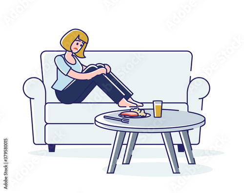 Woman with eating disorder and stomach pain symptoms with heartburn before dinner