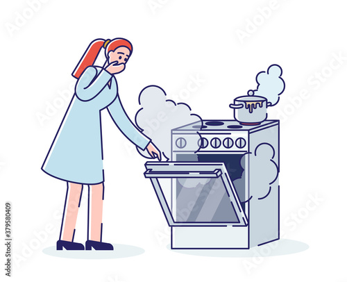 Burning cooking stove. Young woman and oven in smoke and fire while cooking