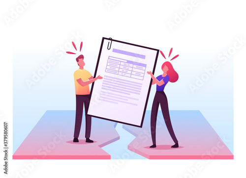 Divorced Husband and Wife Characters Pulling Huge Marriage Contract during Property Division Process. Separation, Spouse