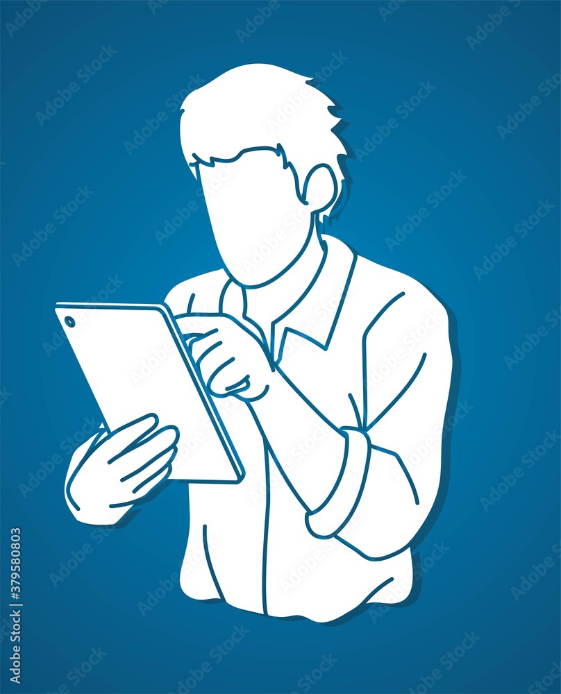 Man using digital tablet cartoon graphic vector Man using digital tablet cartoon graphic vector