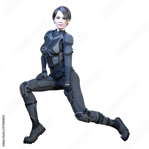 3D Rendering Female Sceince Fiction Warrior on White photo