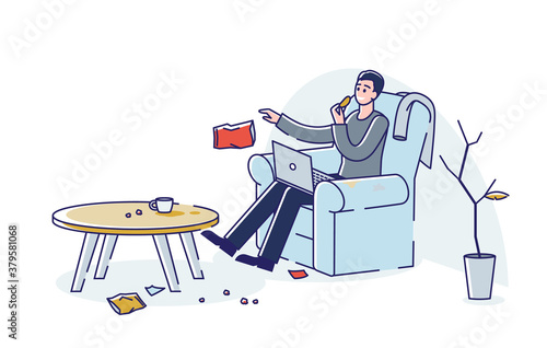 Lazy man littering at home throwing waste on floor while eating junk food and using laptop