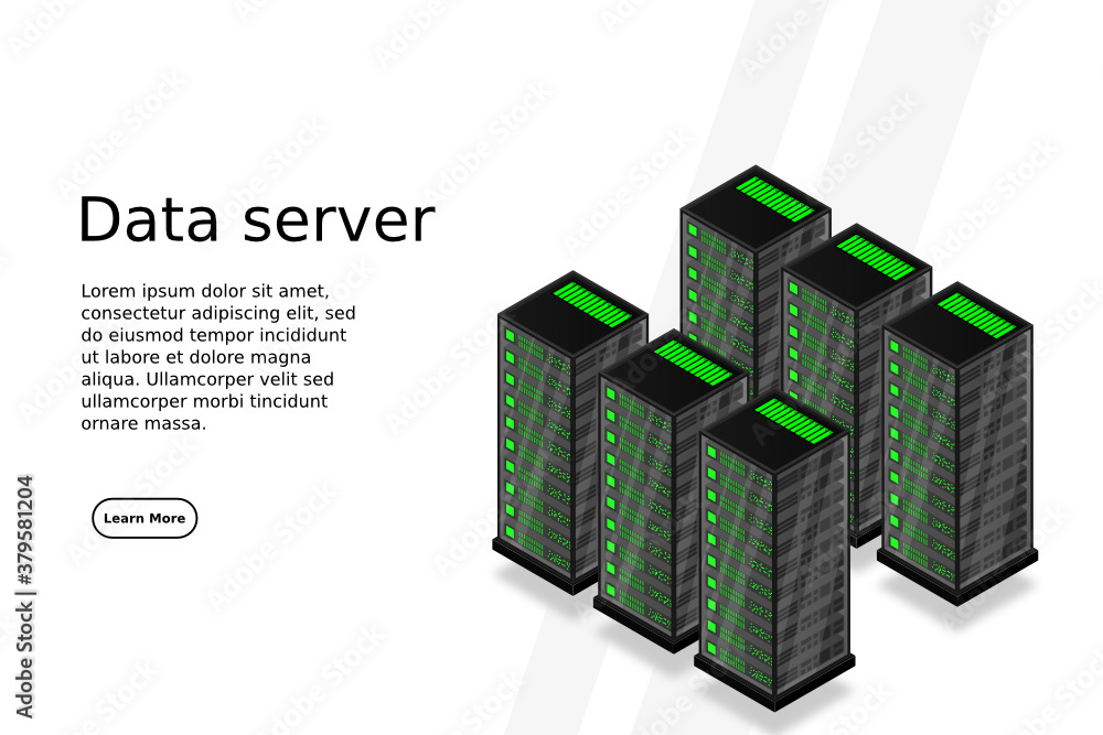 Server room isometric vector, futuristic technology of data protection and processing, networking and web hosting banner, input output data flow, vector illustration.