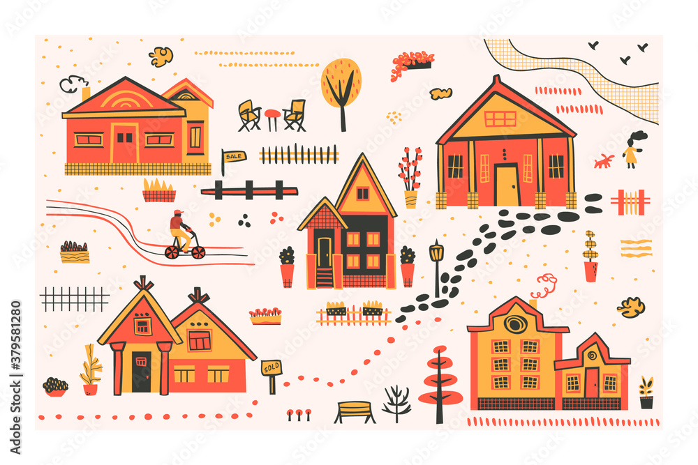 Childish collection of street urban elements. Vector flat illustration with houses, trees, roads, fences and other objects of the city environment