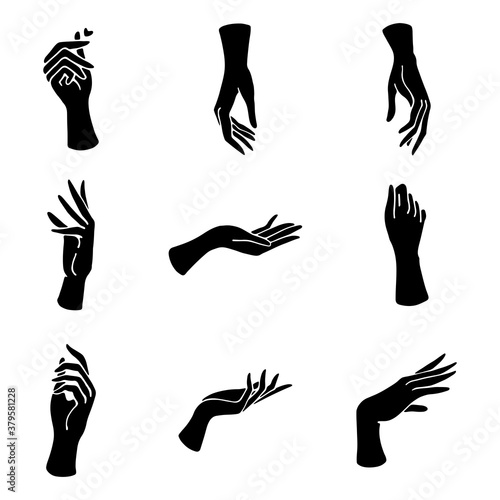 Set of elegant female hands in a minimal flat style. Collection of different hand gestures. Logos for cosmetics, jewelry, beauty products, spa, manicure. Hand drawn boho vector.